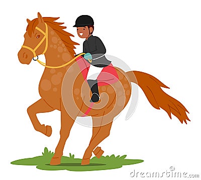 Child Joyfully Rides A Gentle Horse, Small Hands Gripping The Reins With Excitement, Cartoon People Vector Illustration Vector Illustration