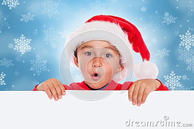 Child kid Christmas card Santa Claus empty banner copyspace surprised astonished Stock Photo