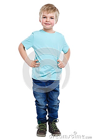 Child kid little boy blond hair full body portrait isolated on w Stock Photo