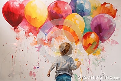 Child kid watercolors colorful balloons. Generate Ai Stock Photo