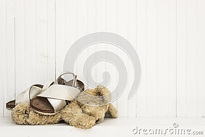 A child kidnap concept, an abandoned teddy bear Stock Photo