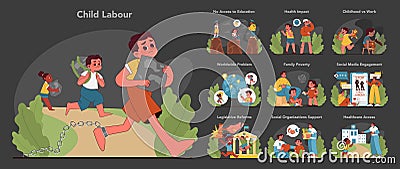 Child labor awareness set. Flat vector illustration Vector Illustration