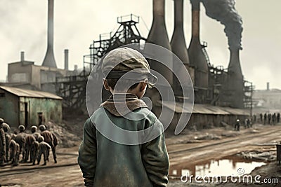 Child labor on factory back view, created with Generative AI technology Stock Photo