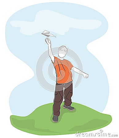 The child launches a paper airplane in nature. vector illustration. Vector Illustration