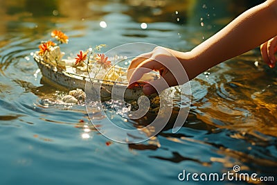 child launches a small boat generative ai Stock Photo