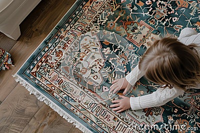 child laying a patterned area rug Stock Photo