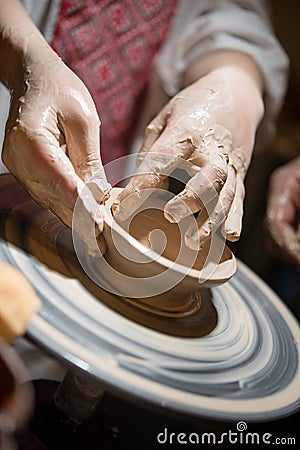 Child learns how to sculpt a ceramic plate Stock Photo