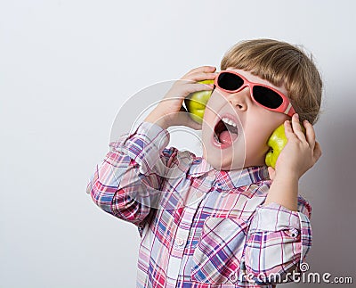 child listens to music Stock Photo