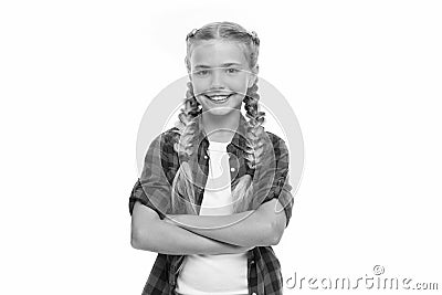 Child little girl colorful braids fashionable hairstyle isolated white. Teenage fashion concept. Fashionable hairstyle Stock Photo