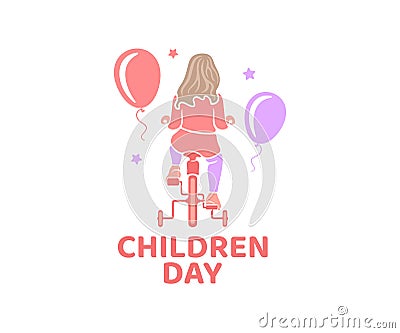 Child, little girl rides a bicycle, balloons and stars, logo design. Children`s day, child playing and kindergarten, vector design Vector Illustration