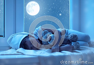 Child little girl sleeping at window dreaming and admiring the s Stock Photo