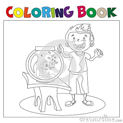 Child looking at an aquarium. Coloring book Vector Illustration