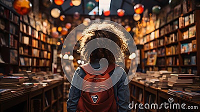 A child looking attentively at the books in a bookstore, interested in reading Stock Photo