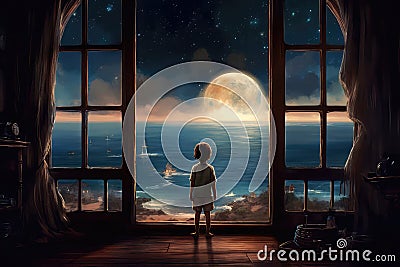 Child Looking Out The Big Window, Rear View The Big Planets In The Window. Generative AI Stock Photo