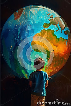 A child looks at himself reflected in the water that has the colours and shape of the earth, global water crisis, AI generated Stock Photo