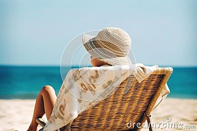 child lying on a beach lounger on sand, covered with a towel and with a panama on his head, ocean and sky background. Generative Stock Photo