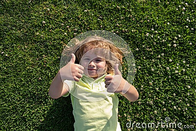 Child lying on grass. Kids with thumbs up sign, little boy portrait in summer nature park. Stock Photo