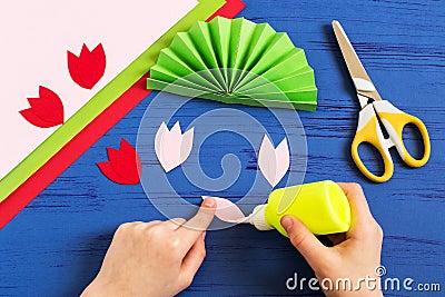 Child makes gift to March 8 or Mother`s Day. Step 6 Stock Photo