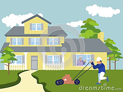 A child makes money. The boy mows the lawns. In minimalist style. Cartoon flat vector Vector Illustration