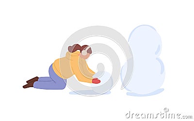 Child making balls from snow to sculpt snowman. Kid playing alone outdoors on winter holidays. Girl having fun in Vector Illustration