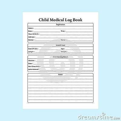 Child medical info tracker KDP interior. Children Medical information and growth card notebook template. KDP interior log book. Vector Illustration