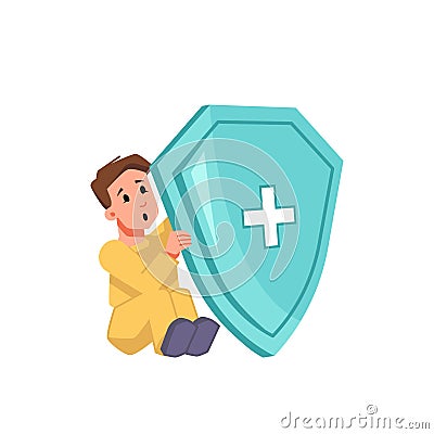 Child with medical shield protection from viruses Vector Illustration