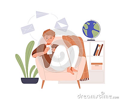 Child with mobile phone, texting messages in armchair at home. Boy surfing internet, social media with smartphone. Kid Vector Illustration