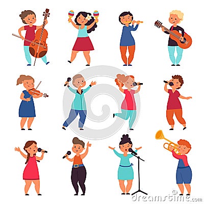 Child musicians. Children play instruments, music kids group. Isolated cartoon musical concert characters, talent kid Vector Illustration