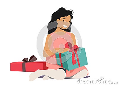 Child Opening Gifts in Colorful Wrapping Paper Isolated on White Background. Little Girl Character Celebrate Holiday Vector Illustration