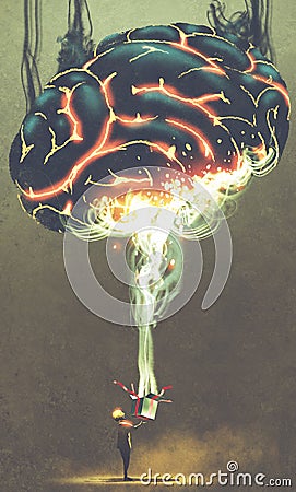 Child opening a magic box with glowing huge brain from inside Cartoon Illustration