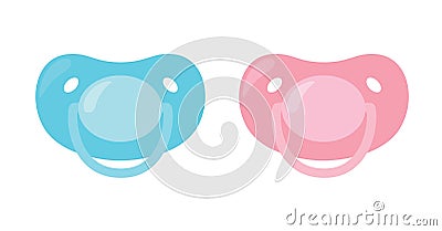 Child pacifier. Baby nipple set, blue and pink. Baby care equipment. Vector Illustration