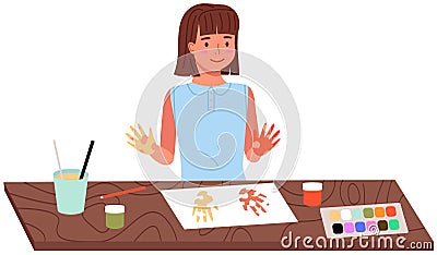 Child paints his hands with paint and leaves traces of palms on paper. Girl is engaged in creativity Vector Illustration