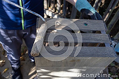 a child paints a wooden box with brushes in the garden Stock Photo