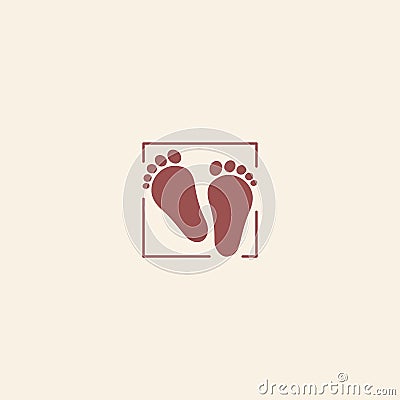 Child pair of footprints icon. Toddler barefoot symbol. Colored flat footsteps logo on pink background. Kids shoes shop Vector Illustration