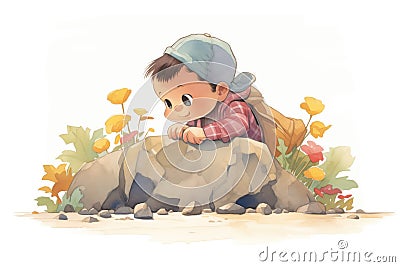 child peeking under a rock for the treasure Stock Photo
