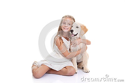 Child with pet puppy dog Stock Photo