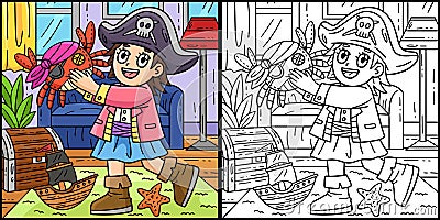 Child with a Pirate Crab Toy Coloring Illustration Vector Illustration