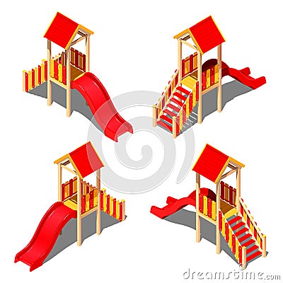 Child plastic yellow - red hill with a roof - house, vector isometric pattern on a white background Vector Illustration