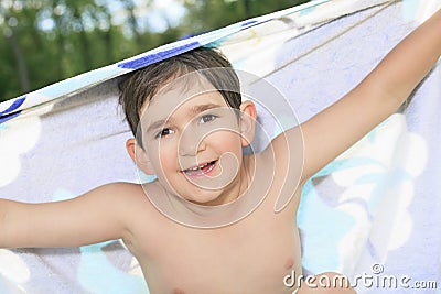 Child play at the pool place in a beautifull Stock Photo