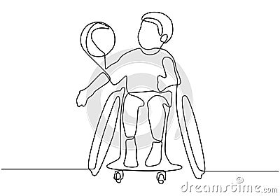 Child playing a ball sitting on wheelchair. Continuous one line drawing of disability kid Vector Illustration