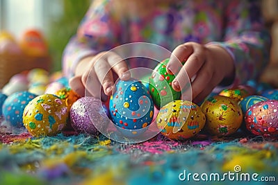 A child is playing with a bunch of colorful Easter eggs Stock Photo