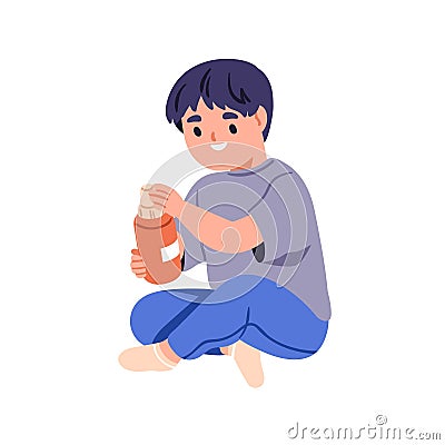 Child playing with detergent. Happy kid in danger, risk. Toddler opening chemical cleanser bottle. Little boy in Vector Illustration