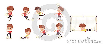 Child playing football or soccer set. Boy in various poses and position with ball vector illustration. Happy little kid Vector Illustration