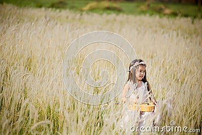 Child playing guitar to meadow outdoor in nature Stock Photo