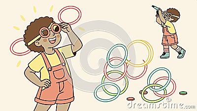 Child playing with many hoops, active indoor play, fun game activity vector design Generative AI Vector Illustration