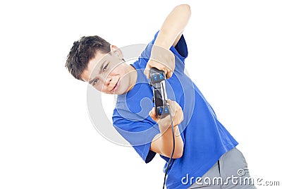 Child plays on the joystick Stock Photo