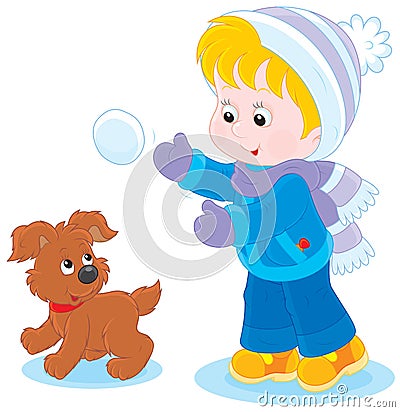 Child plays with a pup Vector Illustration