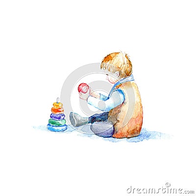 Child plays the pyramid. Watercolor hand drawn illustration. Cartoon Illustration