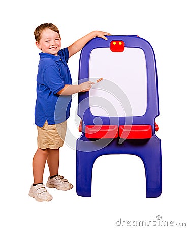 Child pointing at dry erase board Stock Photo