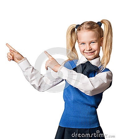 Child Pointing Finger to Advertisement, College Girl in School Stock Photo